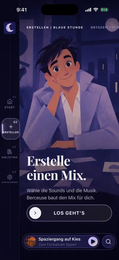 Der Tab „Erstellen“: „Erstelle einen Mix.“, eine kurze Zeile und unten der Button „Los geht’s“.