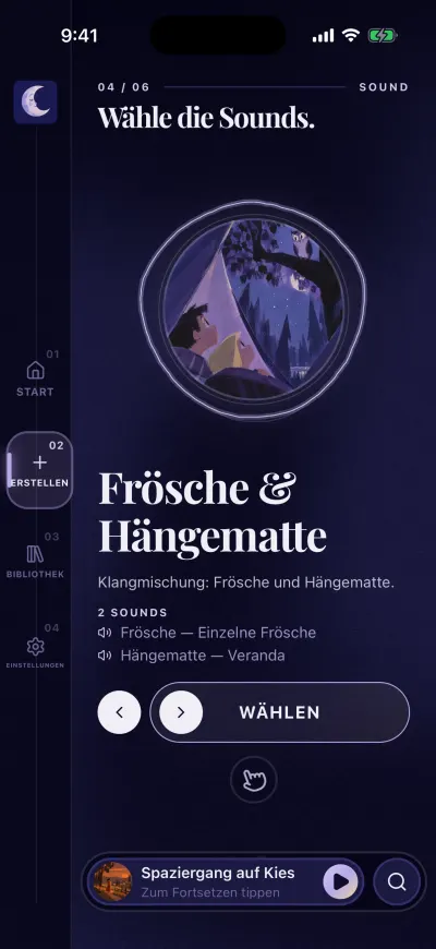 Der Schritt „Wähle die Sounds.“: ein rundes Bild, der Name der Mischung, die zwei Sounds darin und der Button „Wählen“.