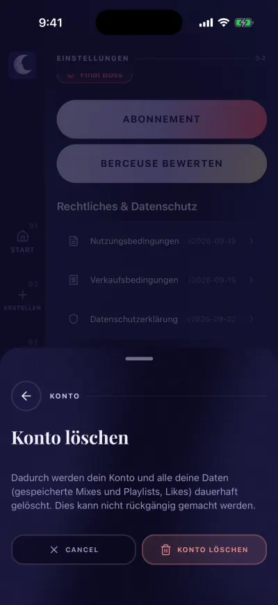 Das Fenster „Konto löschen“: Es löscht dein Konto und alle deine Daten, mit den Buttons „Abbrechen“ und „Konto löschen“.