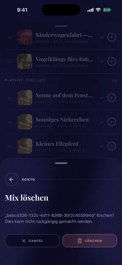 Das Fenster „Mix löschen“ mit den Buttons „Abbrechen“ und „Löschen“.