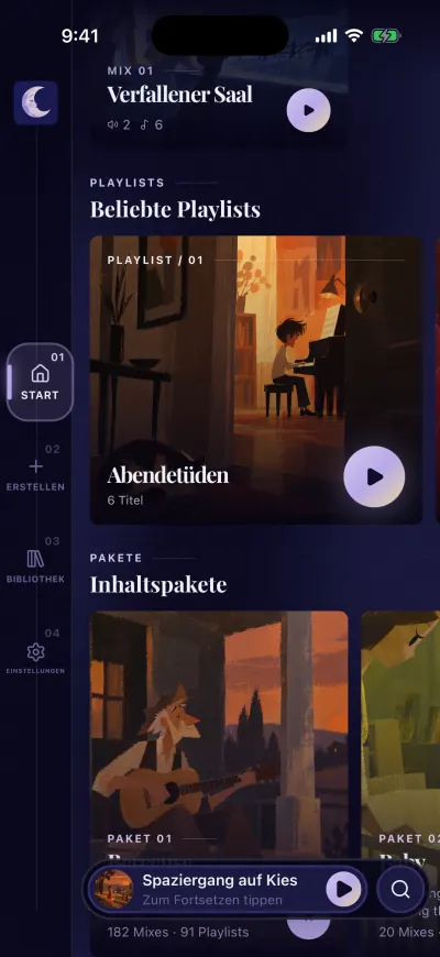 Start, nach unten gescrollt bis „Beliebte Playlists“, mit einer Playlist-Karte und ihrem runden Abspiel-Button. Darunter stehen die Inhaltspakete.