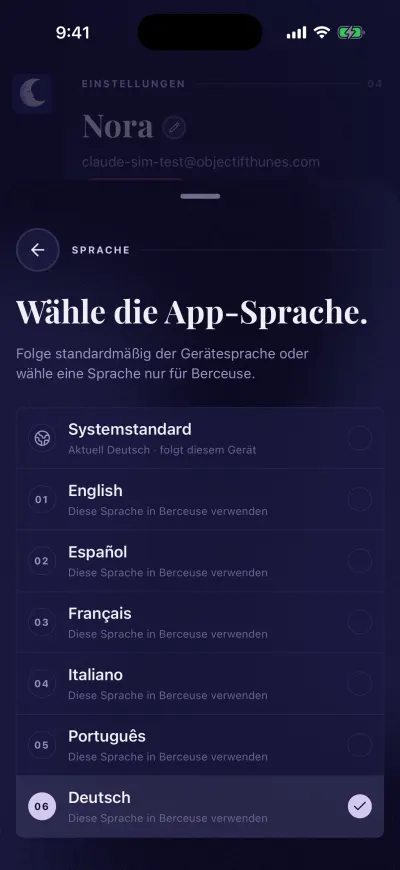 App-Sprache wählen: „Systemstandard“, dann English, Español, Français, Italiano, Português und Deutsch.