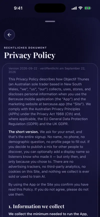 Die Datenschutzerklärung in Berceuse, mit Version und Datum oben.
