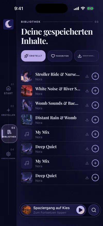 Die Bibliothek bei „Erstellt“: deine gespeicherten Mixes, jeder mit einem Download-Pfeil und einem +.