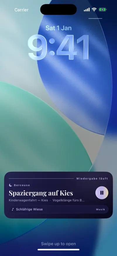Der iPhone-Sperrbildschirm mit dem Berceuse-Player: der Name des Mixes, seine Sounds, die Musik und ein runder Pause-Button.