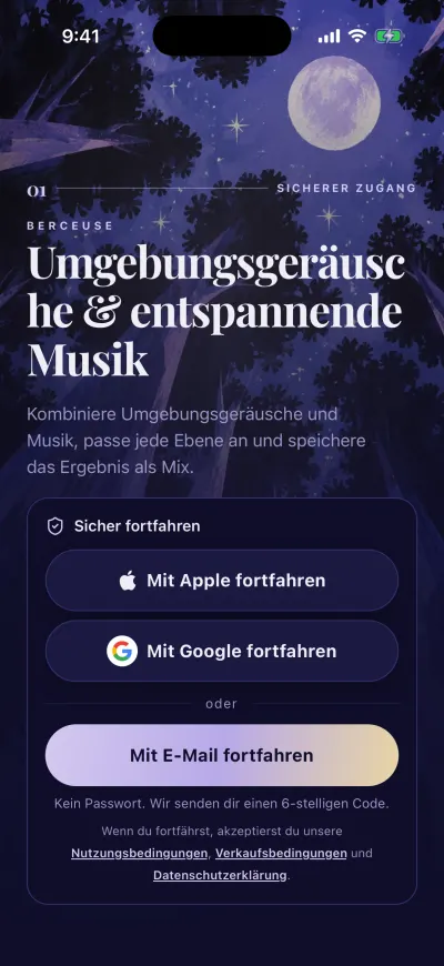 Der Anmeldebildschirm von Berceuse mit „Mit Apple fortfahren“, „Mit Google fortfahren“ und „Mit E-Mail fortfahren“.