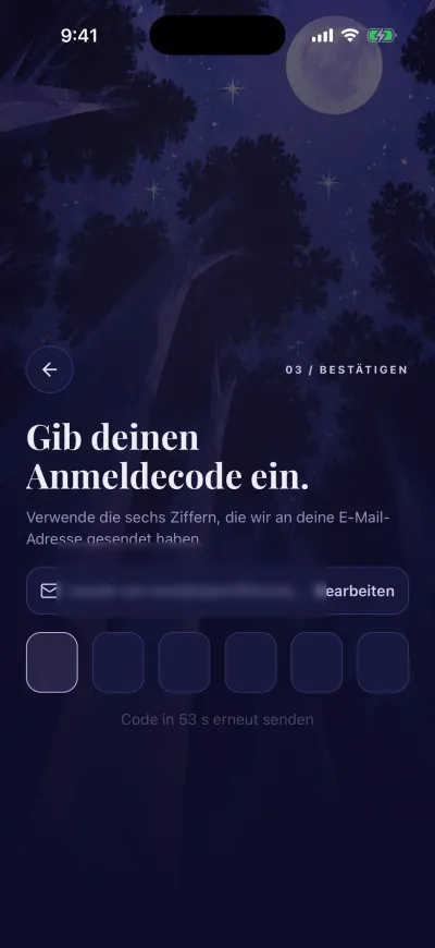 Der Code-Schritt: sechs Felder für den Code aus der E-Mail, der Countdown und darunter „Code erneut senden“.