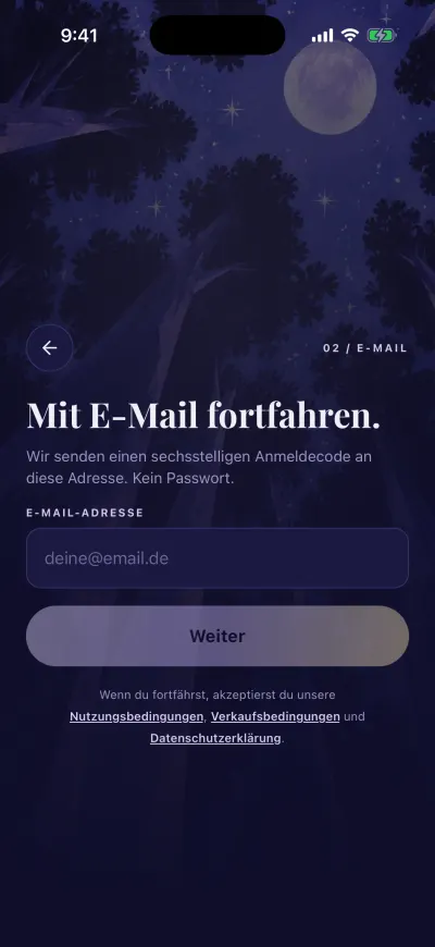 Der E-Mail-Schritt: ein Feld für deine E-Mail-Adresse und der Button „Weiter“.