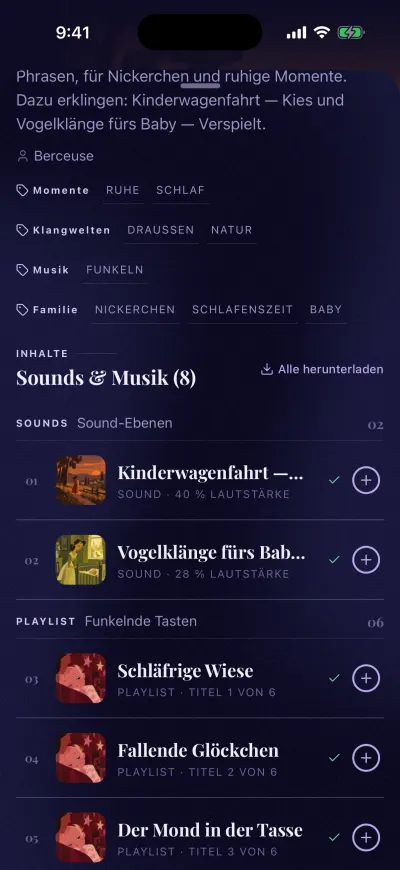 Eine Mix-Seite, gescrollt bis zu den Sounds und der Musik, mit „Alle herunterladen“ rechts.