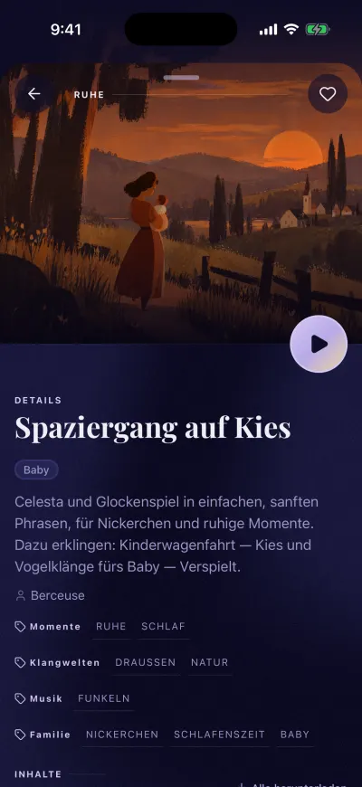 Eine Mix-Seite: das Cover mit rundem Abspiel-Button, das Herz oben rechts, der Name des Mixes, seine Tags und die Liste der Sounds und der Musik.
