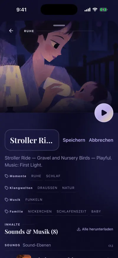 Die Seite deines eigenen Mixes, sein Name steht in einem Textfeld, daneben „Speichern“ und „Abbrechen“.