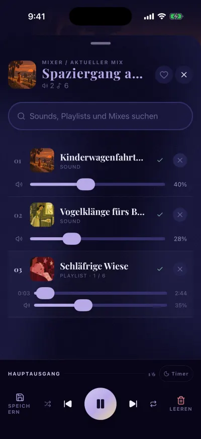 Der Mixer: oben der Name des Mixes, ein Suchfeld, jeder Sound mit eigenem Lautstärkebalken, unten die Bedienelemente mit „Speichern“, Abspielen und „Leeren“.