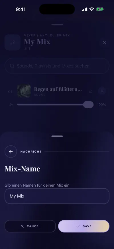 Das Fenster „Mix-Name“ über dem Mixer: ein Textfeld mit „My Mix“ und die Buttons „Abbrechen“ und „Speichern“.