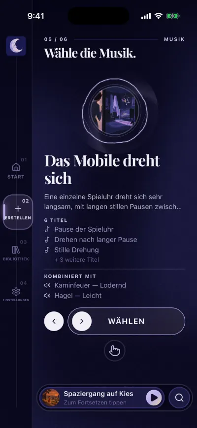 Der Schritt „Wähle die Musik.“: eine Playlist mit den ersten Titeln, den passenden Sounds und dem Button „Wählen“.