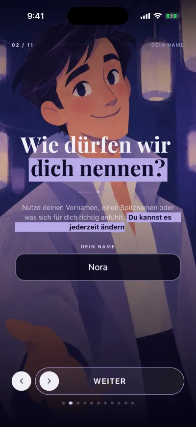 Der Namensbildschirm: ein Feld für deinen Vornamen und unten der Button „Weiter“.