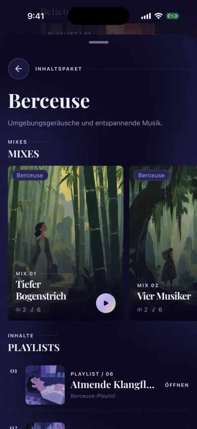 Die Seite eines Inhaltspakets: sein Name, eine kurze Beschreibung, seine Mixes und Playlists.