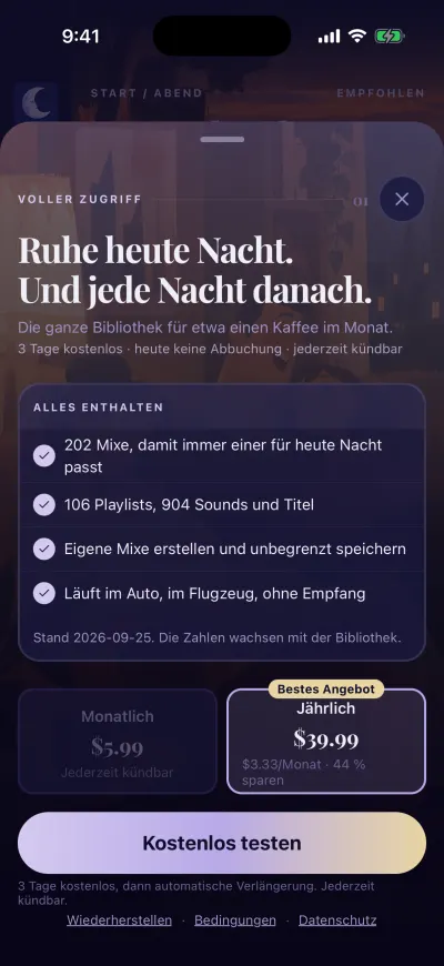 Der Abo-Bildschirm von Berceuse: drei Tage kostenlos, der Monats- und der Jahrestarif und der große Button unten.