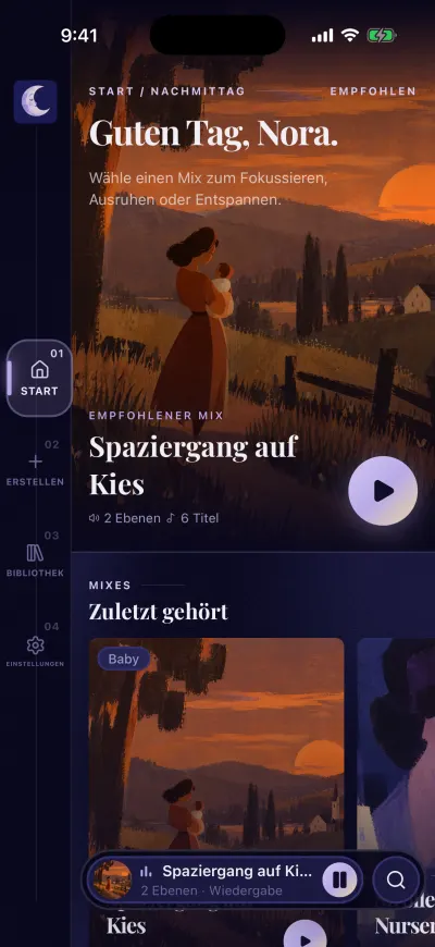 Start mit einem laufenden Mix: Die lange Leiste unten zeigt das Cover, den Namen des Mixes, „2 Ebenen“, einen Pause-Button und die Lupe.