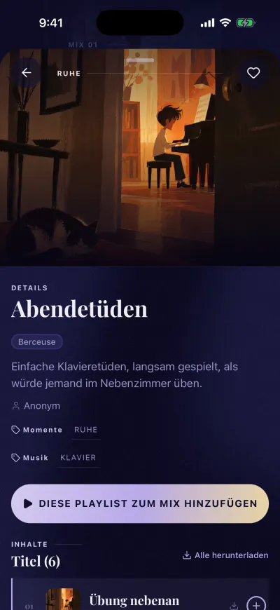 Eine Playlist-Seite: das Cover, der Name, der Button „Diese Playlist zum Mix hinzufügen“ und die Titel.