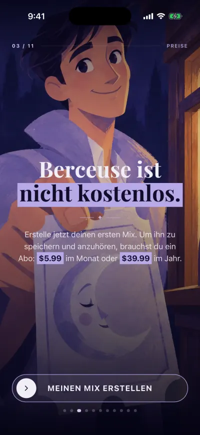 Die Einführungsseite zum Preis: drei Tage kostenlos, dann der Monats- und der Jahrespreis, dazu der Button „Weiter“.