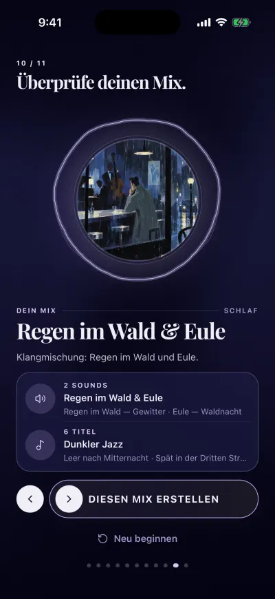 Der Schritt „Überprüfe deinen Mix.“: deine Sounds und deine Musik, darunter der Button „Diesen Mix erstellen“ und „Neu beginnen“.
