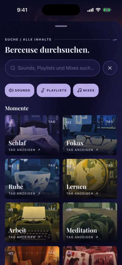 Die Suche in Berceuse vor dem Tippen: das Suchfeld, die Filter „Sounds“, „Playlists“ und „Mixes“ und die Momente.
