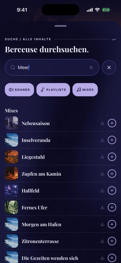 Suchergebnisse für „ocean“: Mixes, jeder mit einem Download-Pfeil und einem +.