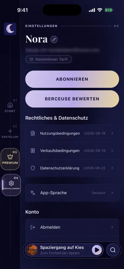 Berceuse Einstellungen oben: dein Name mit einem Stift, deine E-Mail, dein Abo und darunter die großen Buttons.