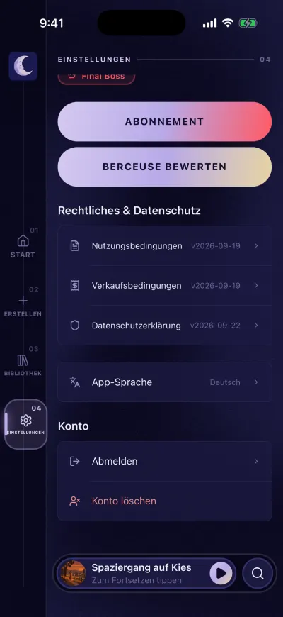 Berceuse Einstellungen, nach unten gescrollt: die rechtlichen Dokumente, „App-Sprache“, dann „Konto“ mit „Abmelden“ und „Konto löschen“.