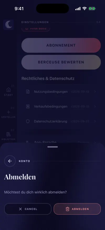 Das Feld Abmelden unten auf dem Bildschirm, mit den Knöpfen Abbrechen und Abmelden.