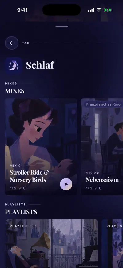 Die Seite „Schlaf“: eine Reihe Mixes und darunter Playlists.