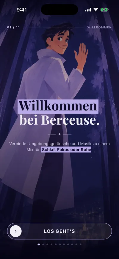 Der Willkommensbildschirm von Berceuse. Unten ist der Button „Los geht’s“, sein runder Griff liegt links.