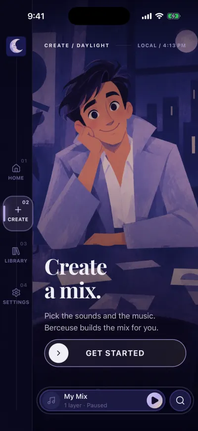 Create a mix: a painted man smiling, the words Pick the sounds and the music, and the Get started button at the bottom.