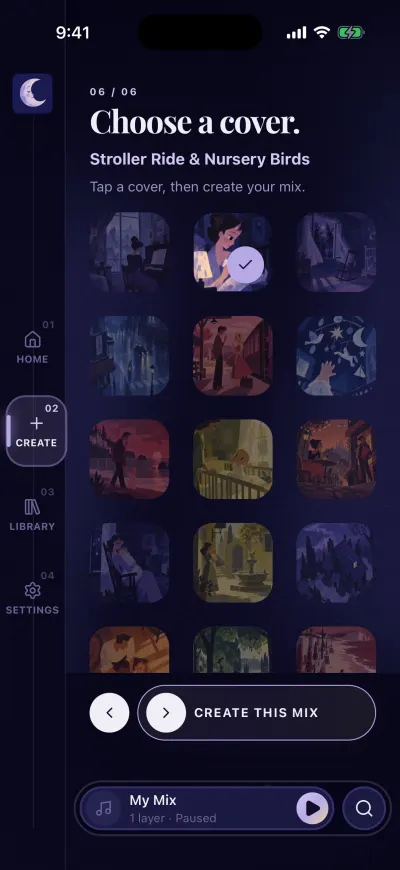 The last step, Choose a cover: one picture ticked, the others darker, and the Create this mix button at the bottom.