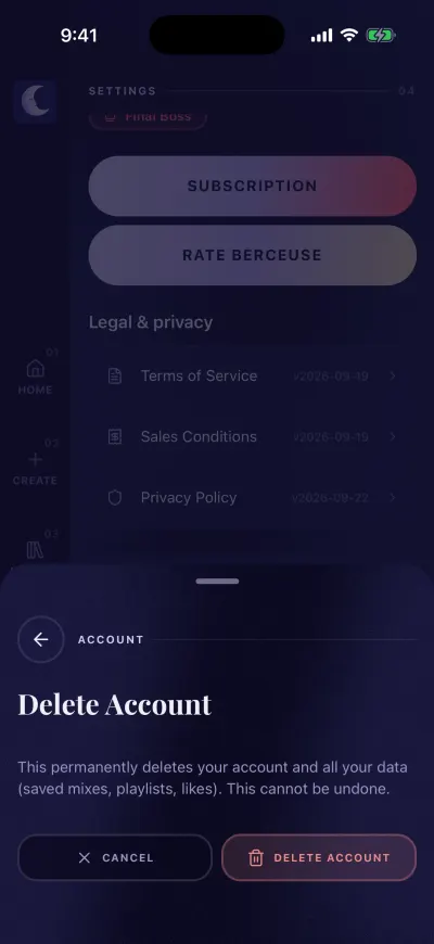 The Delete Account window: it deletes your account and all your data, with Cancel and Delete Account buttons.
