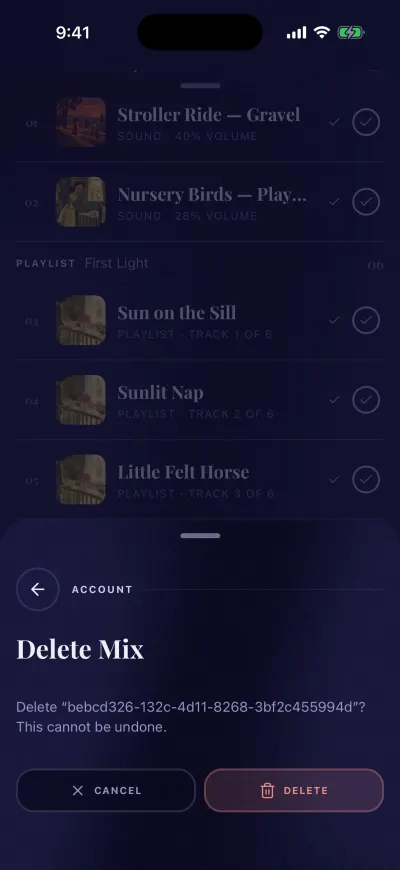 The Delete Mix window with Cancel and Delete buttons.
