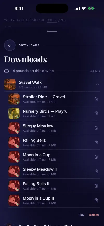 Downloads: the space used, and a mix opened to show each sound marked Available offline, with Play and Delete under the list.