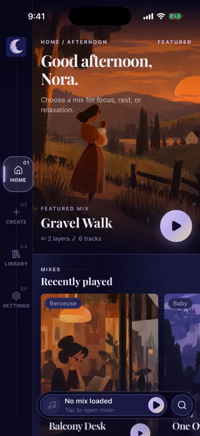 Berceuse Home: Good afternoon with your name, the featured mix with its round play button, and Recently played. The bar on the left has Home, Create, Library and Settings.
