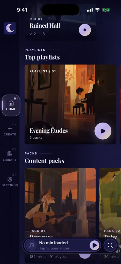 Home scrolled down to Top playlists, with a playlist card and its round play button, and Content packs under it.