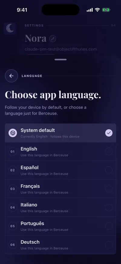 Choose app language: System default, then English, Español, Français, Italiano, Português and Deutsch.