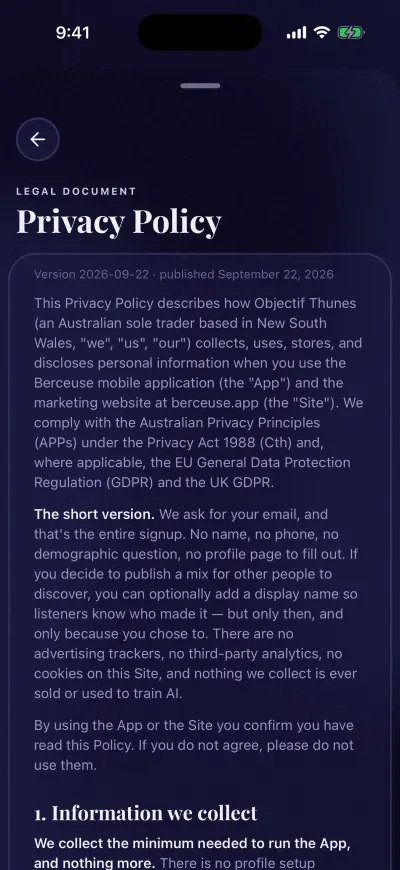 The Privacy Policy open in Berceuse, with its version and date at the top.