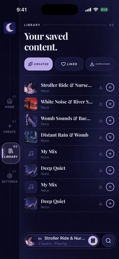 The Library on Created: your saved mixes, each with a download arrow and a +.