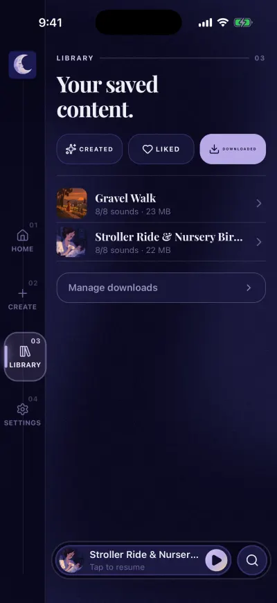 The Library on Downloaded: two downloaded mixes with their size, and the Manage downloads button.