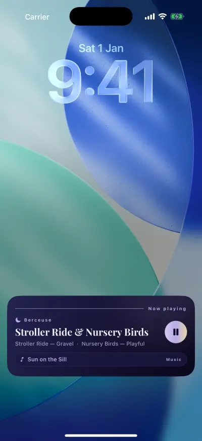 The iPhone lock screen with the Berceuse player: Now playing, the mix name, its sounds, the music, and a round pause button.