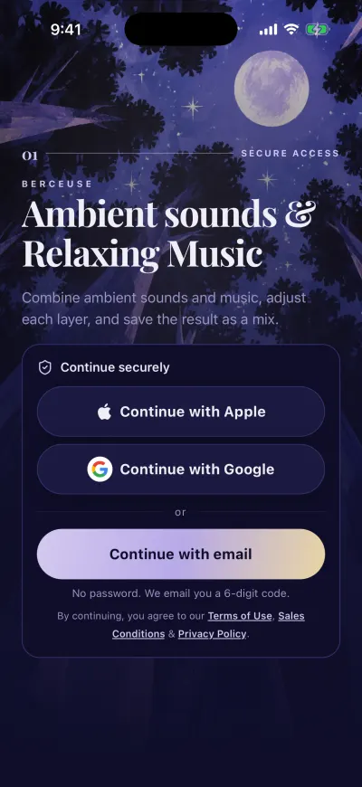 The Berceuse sign-in screen with Continue with Apple, Continue with Google and Continue with email.