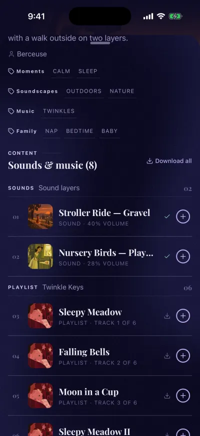 A mix page scrolled to Sounds and music, with Download all on the right.