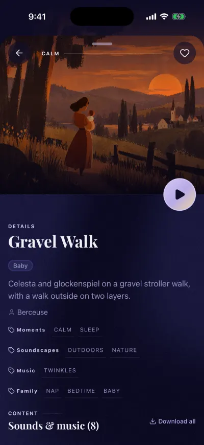 A mix page: the cover with a round play button, the heart at the top right, the mix name, its tags and the list of sounds and music.