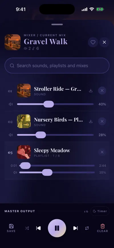 The mixer: the mix name at the top, a search box, each sound with its own volume bar, and the controls at the bottom with Save, play and Clear.