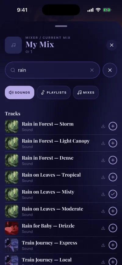 The mixer search for rain, on Sounds only: one sound has a tick, the others have a +.