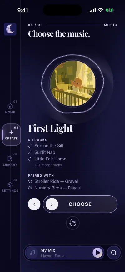 The step Choose the music: a playlist with its first tracks, the sounds it goes with, and the Choose button.